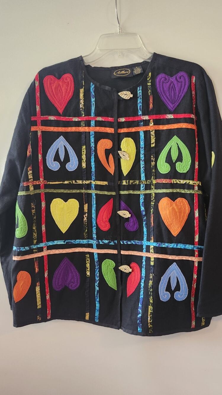 Vtg Allure Heart Jacket Missy M Black Embroidered Applique Hippie Boho #254